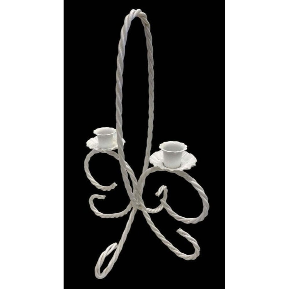 Vintage White Wrought Iron Double Candle Holder With Twisted Handle & Floral Des